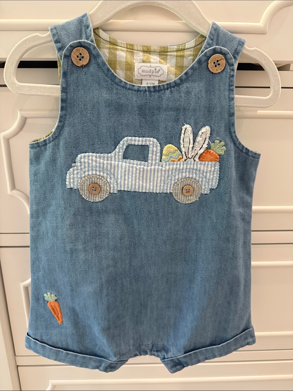 Mud Pie Denim Romper with Bunny & Carrot Appliqués